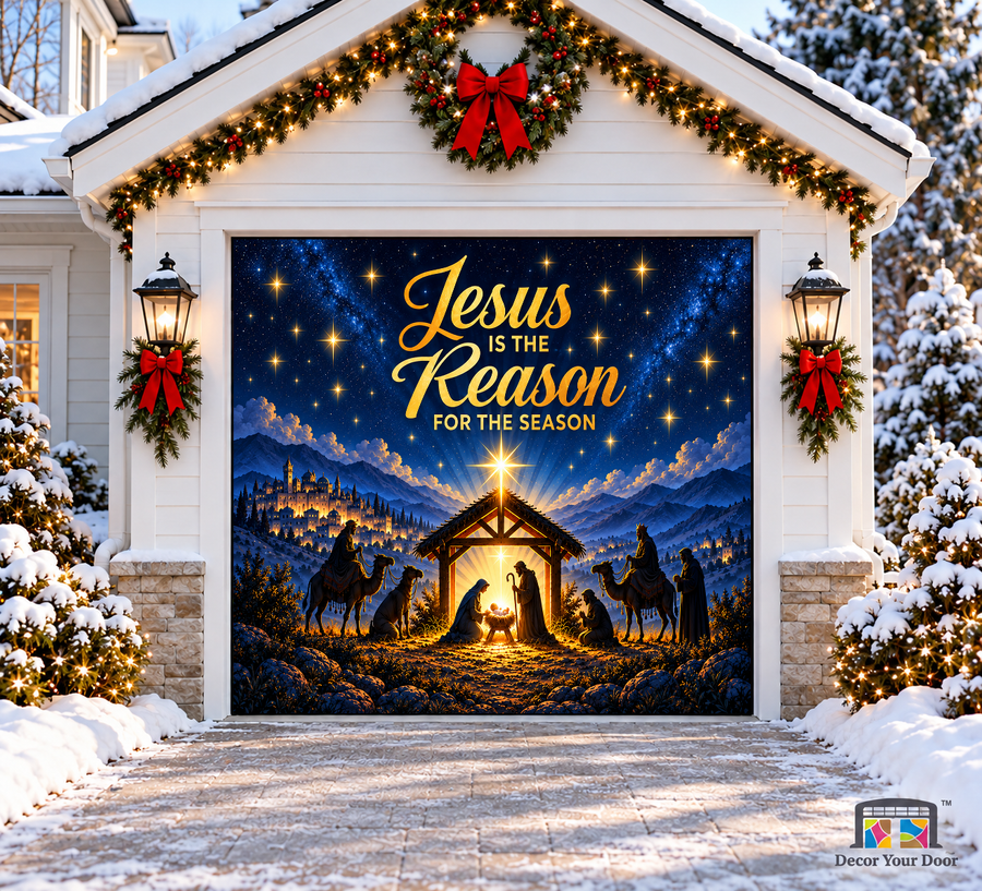 Divine Nativity Night Christmas Garage Door Cover — one-car garage front view
