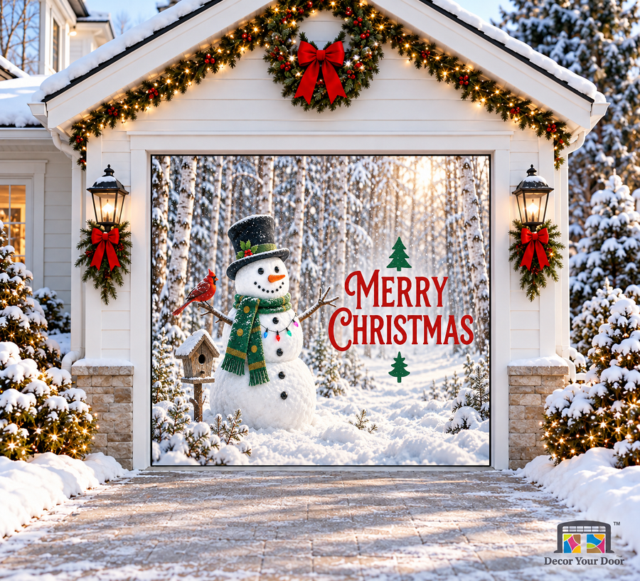 Frosty Forest Snowman Christmas Garage Door Cover — one-car front view