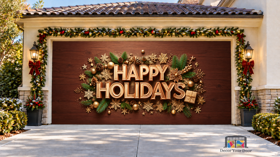 Warm Happy Holidays Christmas Garage Door Cover — two-car front view