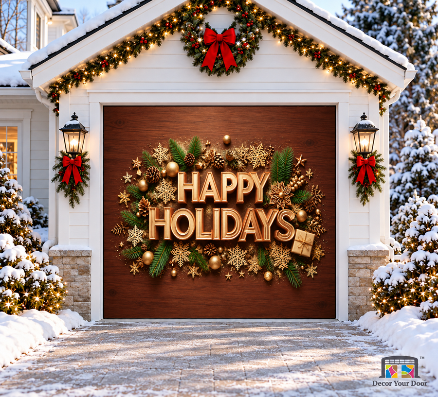Warm Happy Holidays Christmas Garage Door Cover — one-car front view
