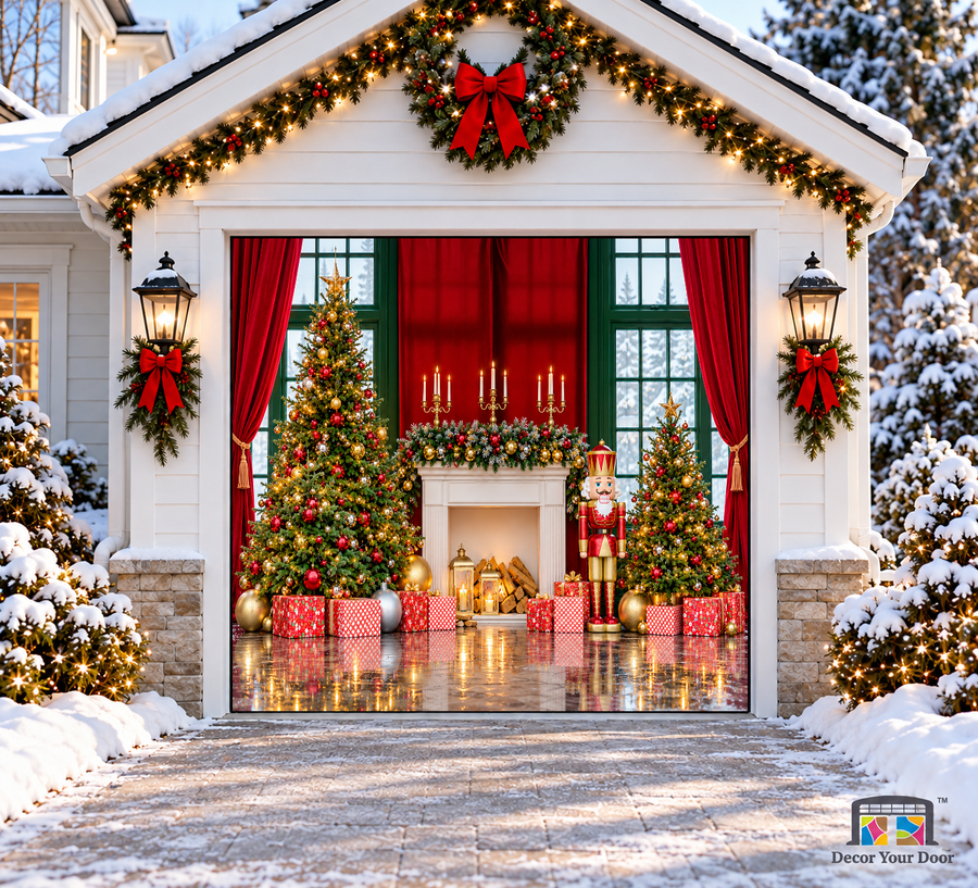 Nutcracker Fireplace & Christmas Gifts Garage Door Cover — one-car garage front view