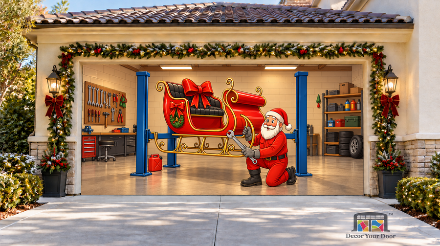 Santa’s Sleigh Tune Up Christmas Garage Door Cover — two-car garage front view