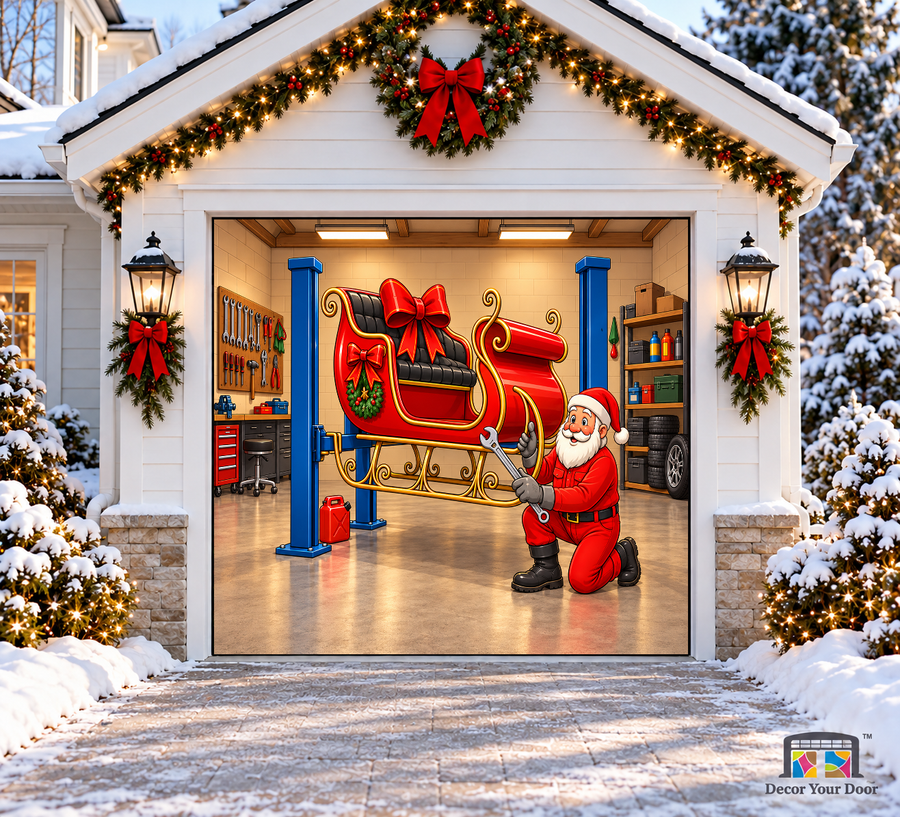 Santa’s Sleigh Tune Up Christmas Garage Door Cover — one-car garage front view