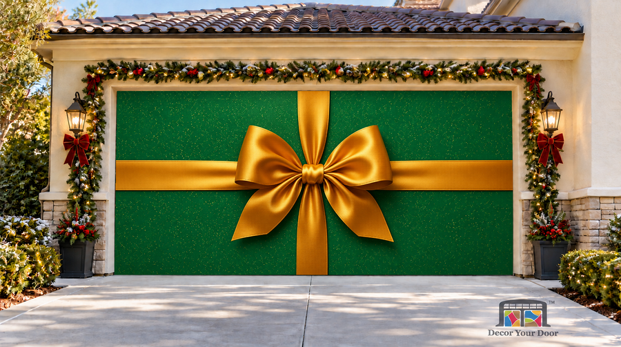 Green Ribbon Elegance Christmas Garage Door Cover — two-car garage front view