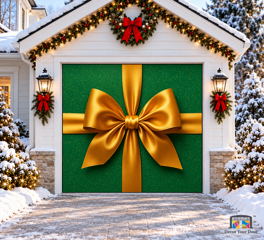 Green Ribbon Elegance Christmas Garage Door Cover — one-car garage front view