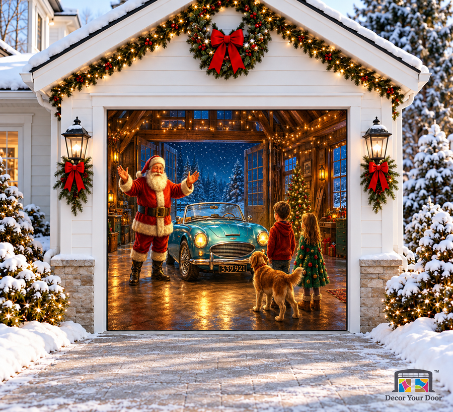 Santa’s Magical Garage Arrival Christmas Garage Door Cover — one-car garage front view