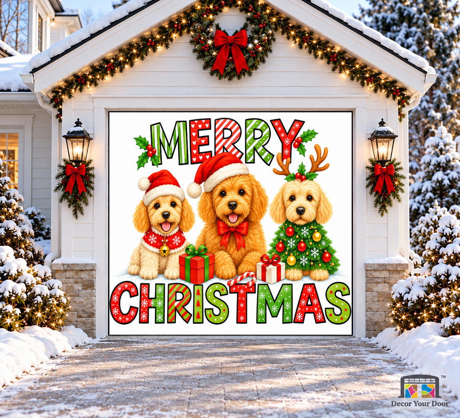 Golden Doodle Christmas Trio Garage Door Cover — one-car garage front view