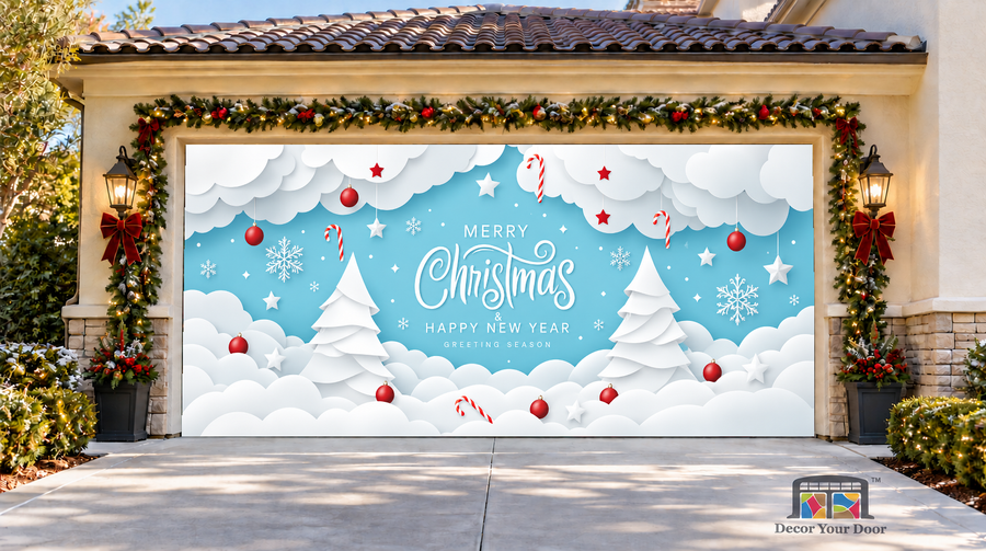Winter Wishes Christmas Garage Door Cover — two-car garage front view