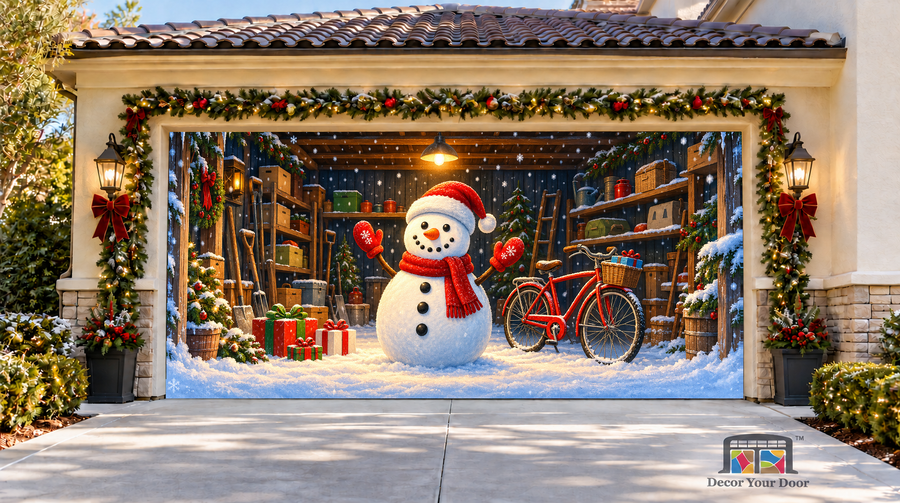 Snowman in the Workshop Christmas Garage Door Cover — two-car front view