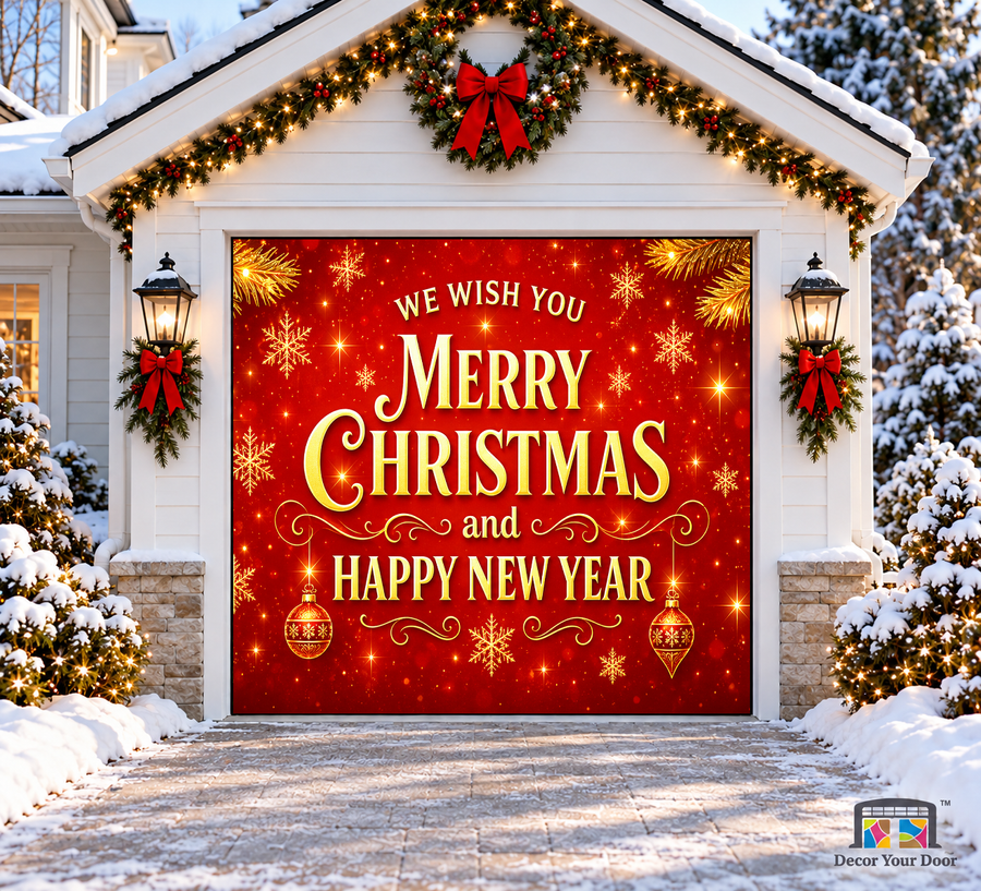 Golden Glow Christmas Garage Door Cover — one-car front view