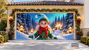 Cute Elves in the Snow Christmas Garage Door Cover