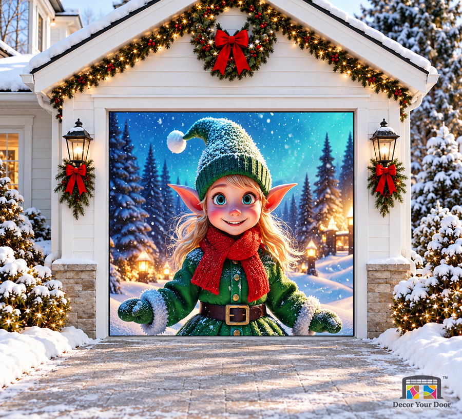 Cute Elves in the Snow Christmas Garage Door Cover — one-car garage front view