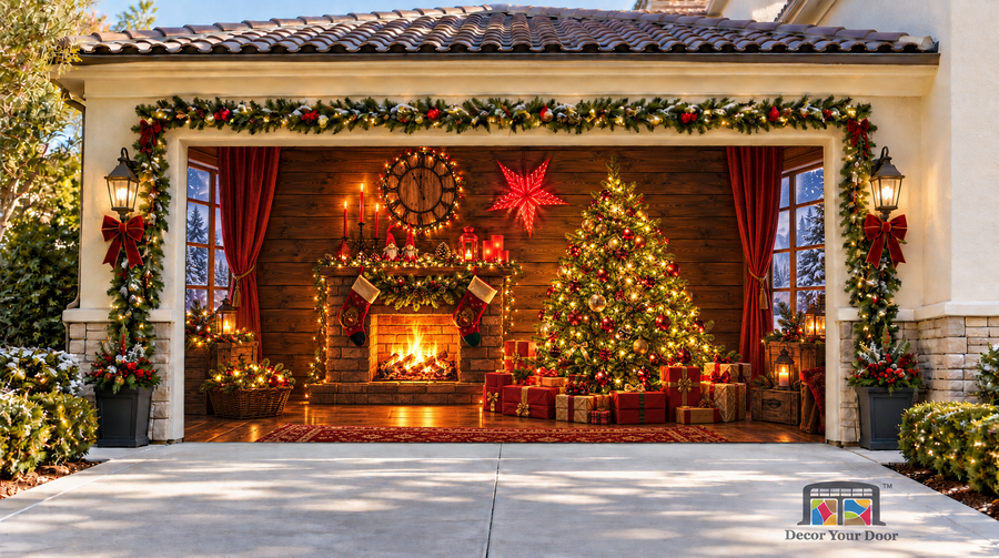Glowing Christmas Tree and Fireplace Garage Door Cover — two-car garage front view