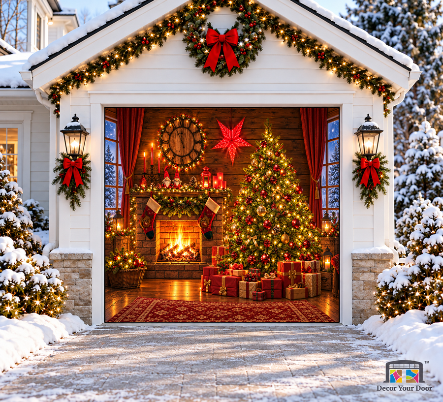 Glowing Christmas Tree and Fireplace Garage Door Cover — one-car garage front view