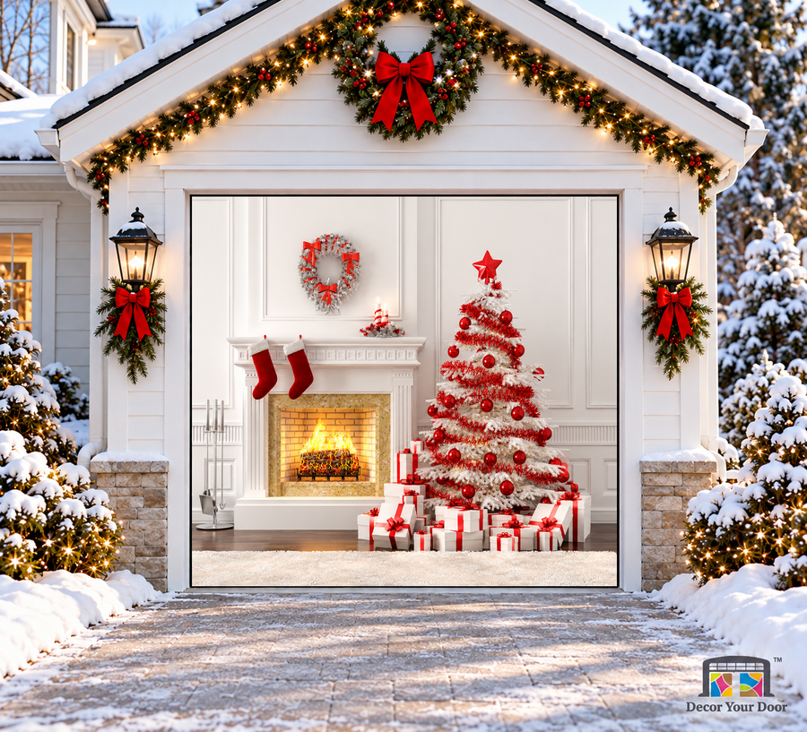 White and Red Christmas Fireplace Garage Door Cover — one-car garage front view