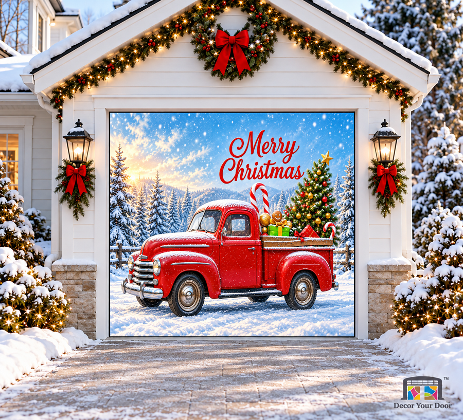 Vintage Christmas Delivery Garage Door Cover — one-car garage front view