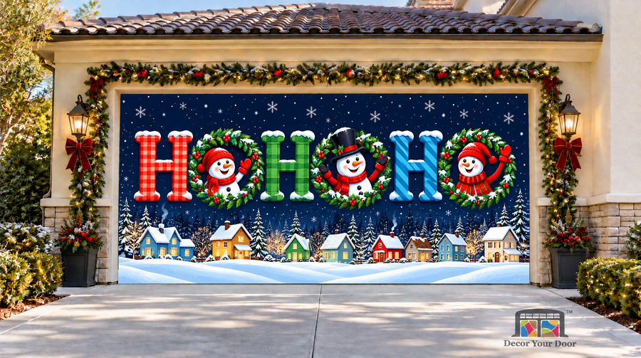 Ho Ho Ho Winter Village Christmas Garage Door Cover — two-car garage front view