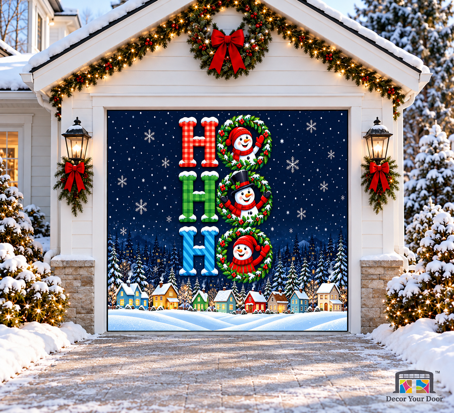 Ho Ho Ho Winter Village Christmas Garage Door Cover — one-car garage front view