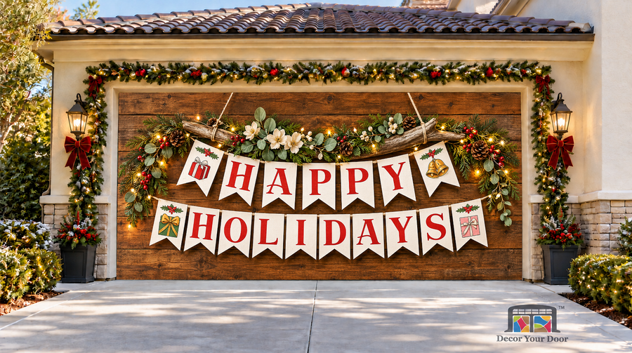 Happy Holidays Rustic Banner Christmas Garage Door Cover — two-car garage front view