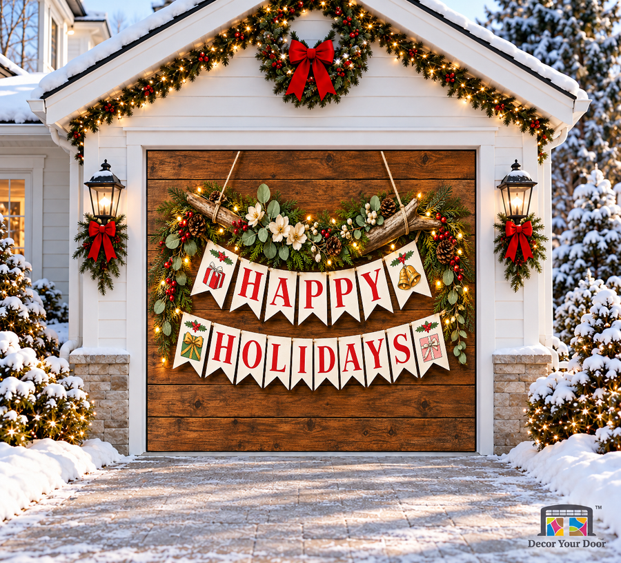 Happy Holidays Rustic Banner Christmas Garage Door Cover — one-car garage front view