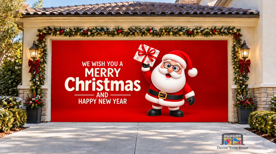 Santa’s Gift Surprise Christmas Garage Door Cover — two-car garage front view
