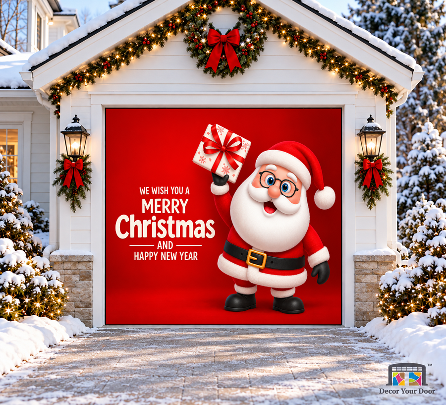 Santa’s Gift Surprise Christmas Garage Door Cover — one-car garage front view