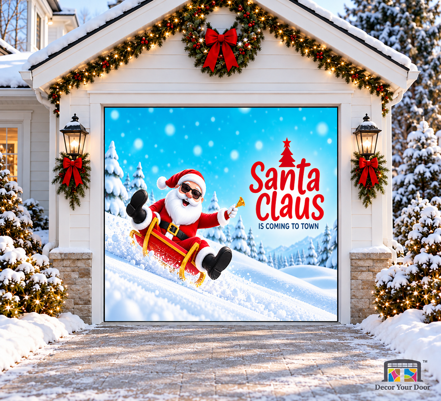 Cool Santa Ride Christmas Garage Door Cover — one-car garage front view