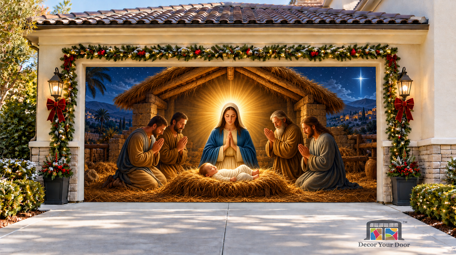 Holy Night Nativity Christmas Garage Door Cover — two-car front view