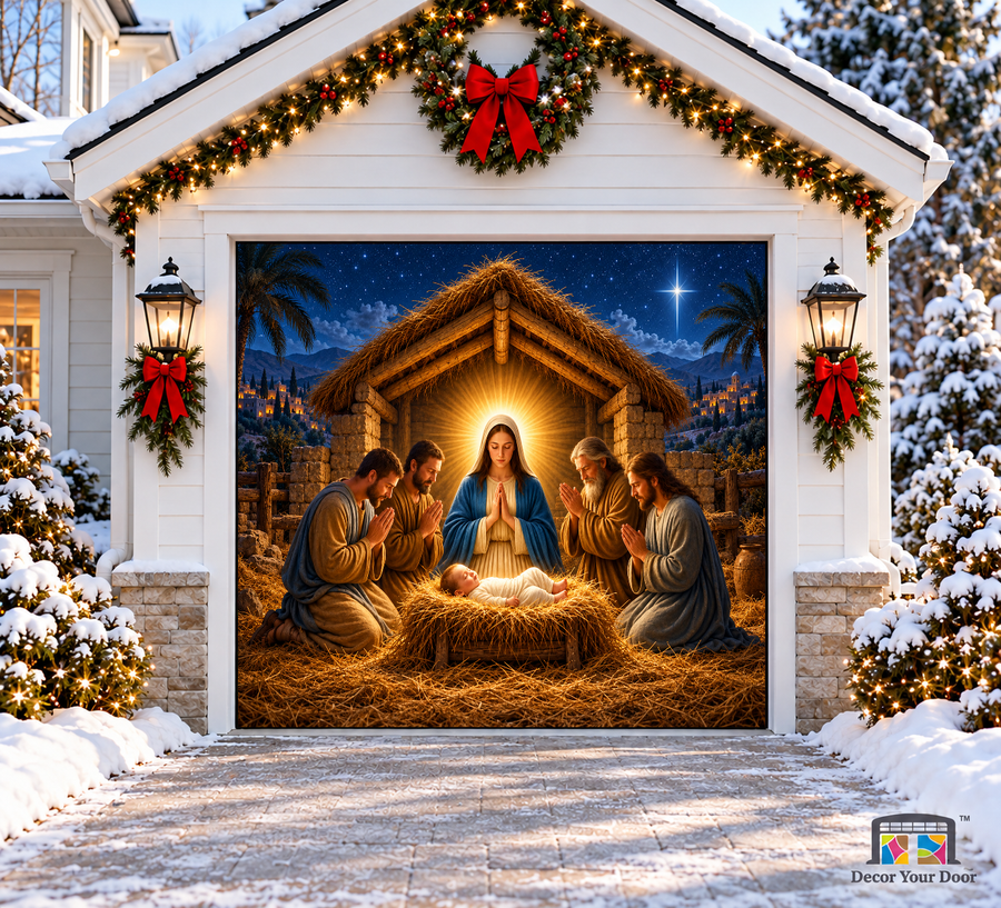 Holy Night Nativity Christmas Garage Door Cover — one-car front view
