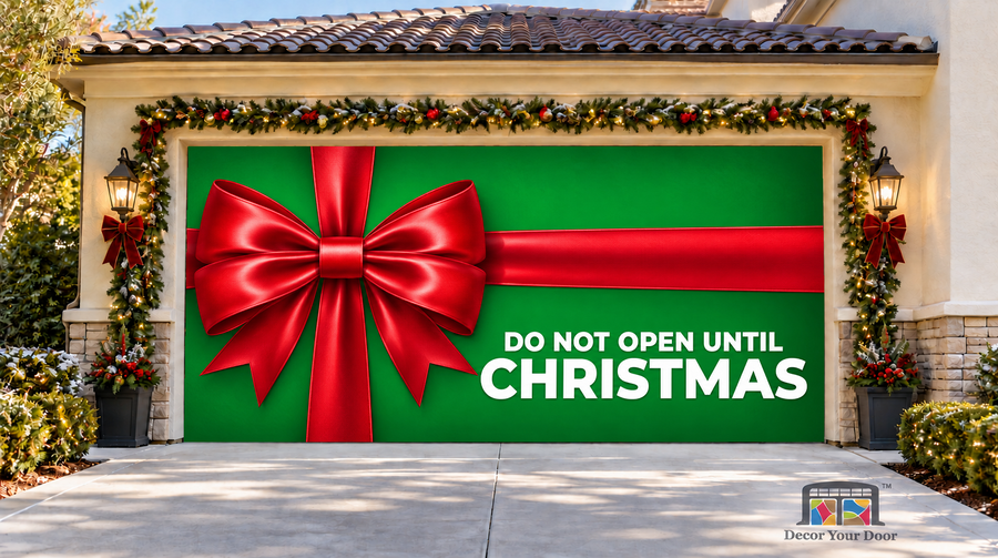 Do Not Open Until Christmas Garage Door Cover — two-car front view