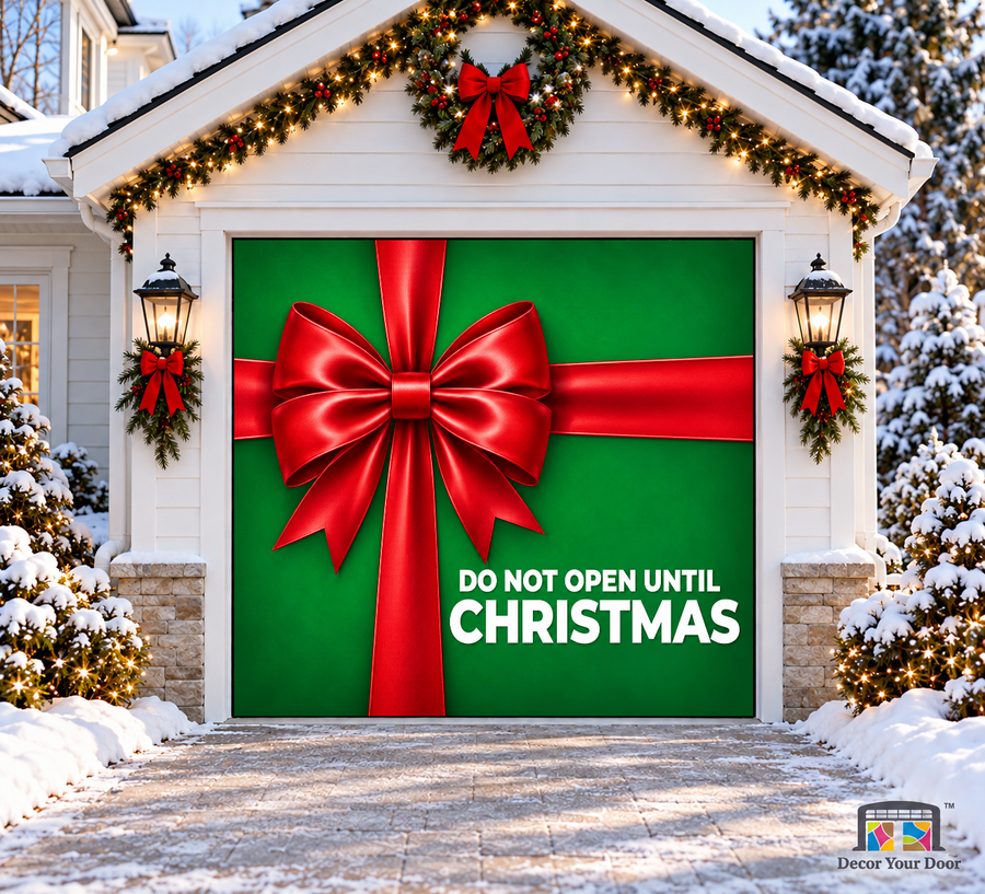Do Not Open Until Christmas Garage Door Cover — one-car front view
