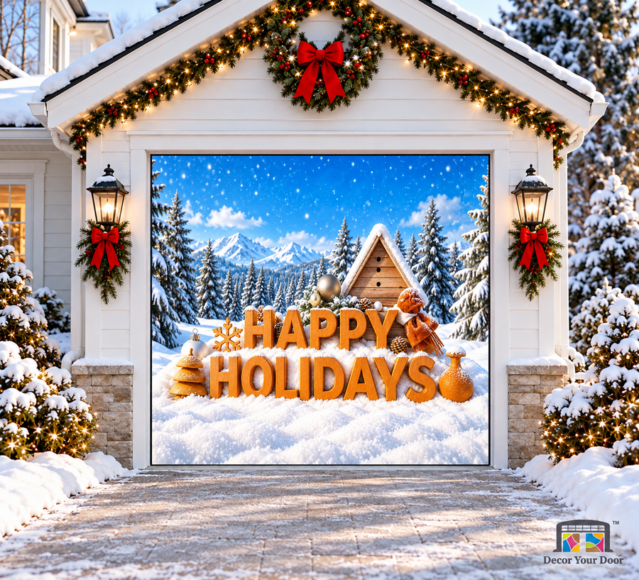 Snowy Happy Holidays Greeting Christmas Garage Door Cover — one-car garage front view