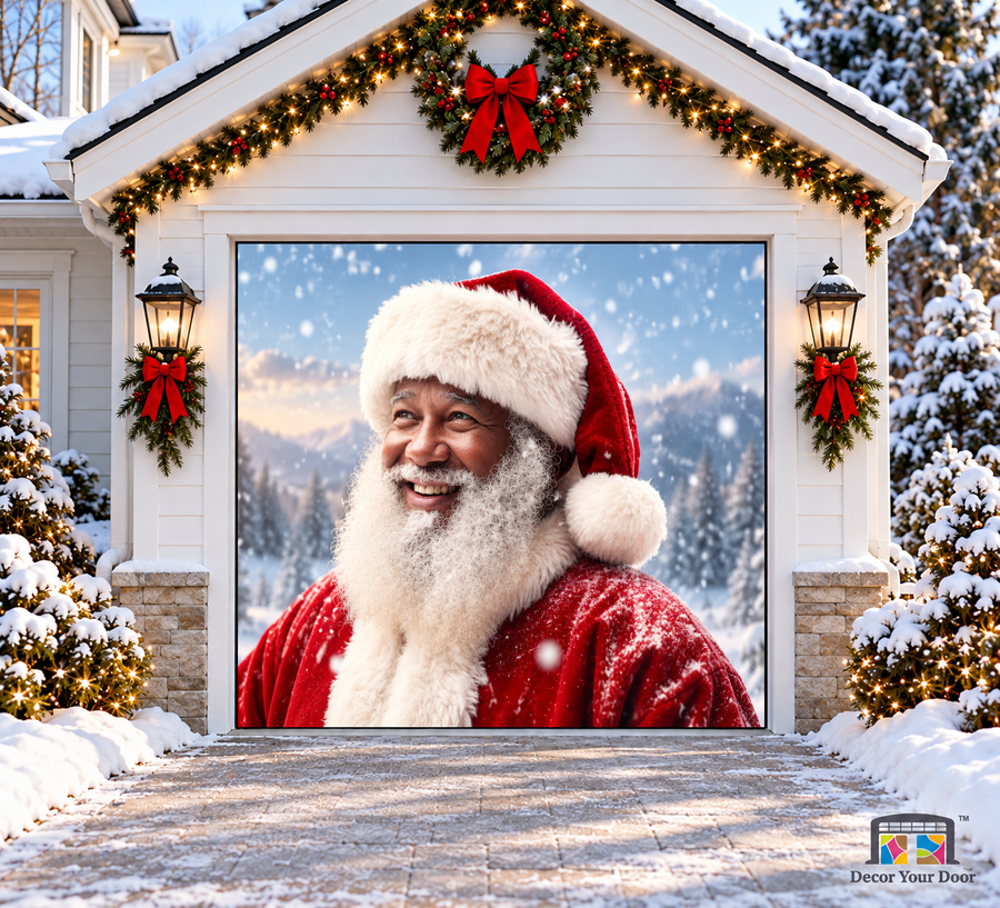 Smiling Santa in the Snow Christmas Garage Door Cover — one-car garage front view