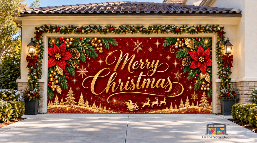 Golden Merry Christmas Wonderland Garage Door Cover — two-car garage front view