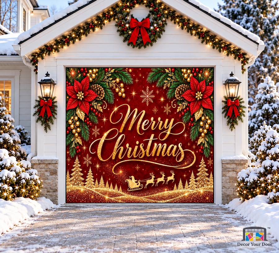 Golden Merry Christmas Wonderland Garage Door Cover — one-car garage front view
