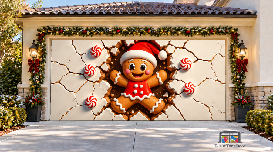Gingerbread Breakout Christmas Garage Door Cover — two-car garage front view