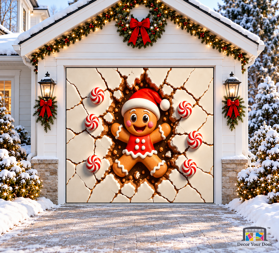 Gingerbread Breakout Christmas Garage Door Cover — one-car garage front view