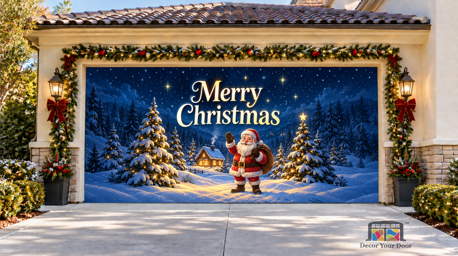Santa’s Cozy Night Christmas Garage Door Cover — two-car garage front view