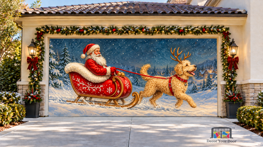 Santa’s Golden Ride Christmas Garage Door Cover — two-car garage front view