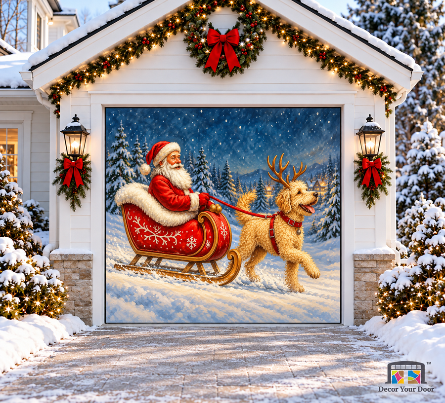 Santa’s Golden Ride Christmas Garage Door Cover — one-car garage front view