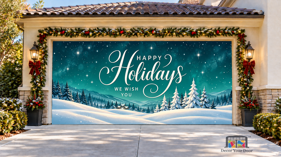 Winter Whispers Happy Holidays Christmas Garage Door Cover — two-car garage front view