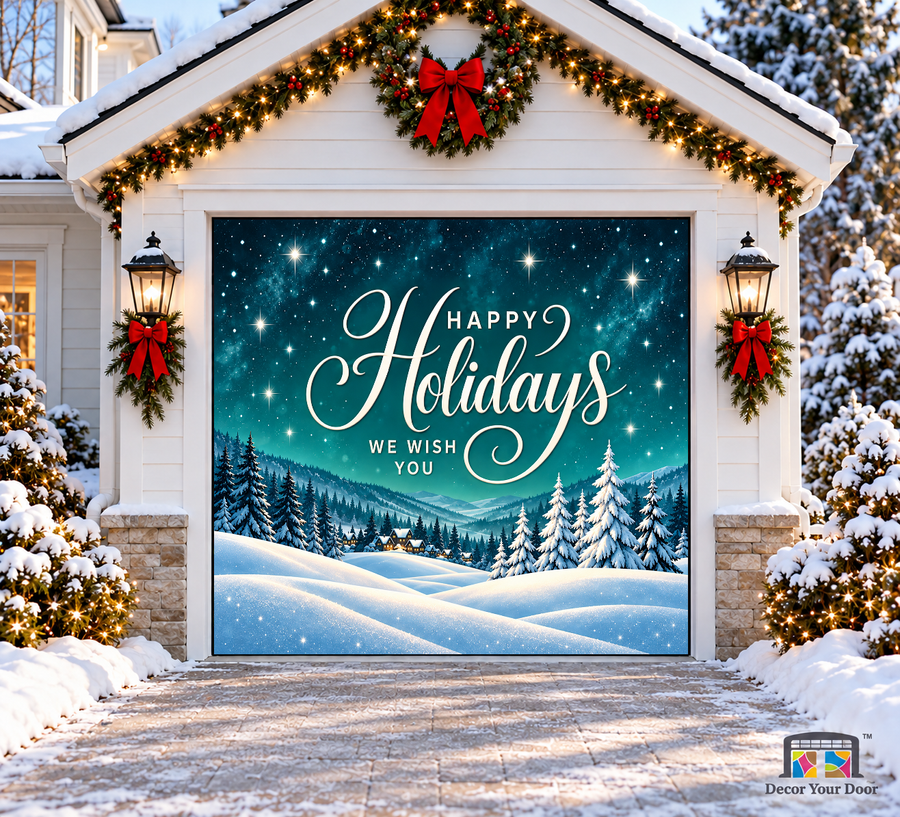 Winter Whispers Happy Holidays Christmas Garage Door Cover — one-car garage front view