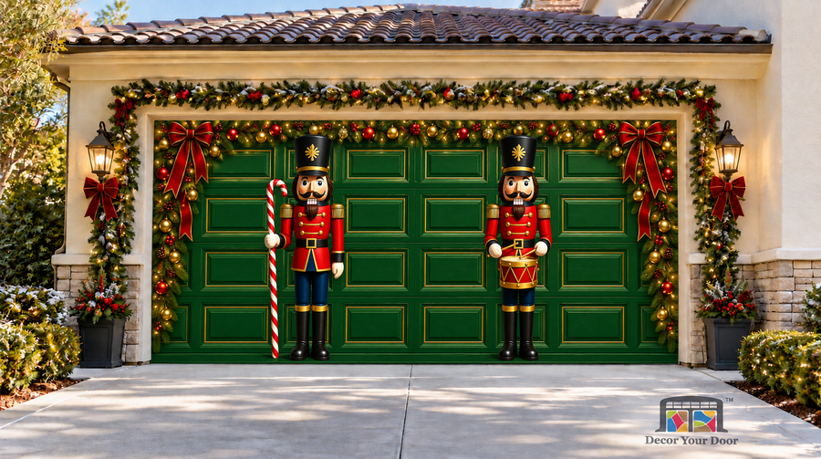 Nutcracker Guard Christmas Garage Door Cover — two-car front view