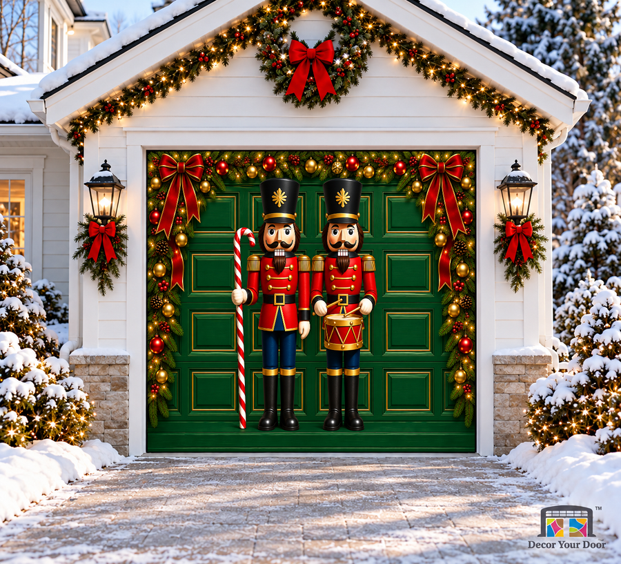 Nutcracker Guard Christmas Garage Door Cover — one-car front view
