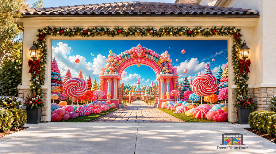 Candy Wonderland Paradise Christmas Garage Door Cover — two-car garage front view
