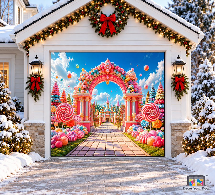 Candy Wonderland Paradise Christmas Garage Door Cover — one-car garage front view