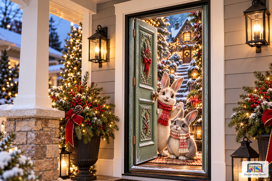 Christmas Bunny Siblings Front Door Cover on the approved Christmas porch, angled view with complete illustrated door.
