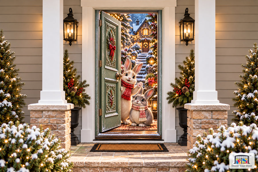 Christmas Bunny Siblings Front Door Cover printed 3D door illusion on a snowy Christmas porch, front view.