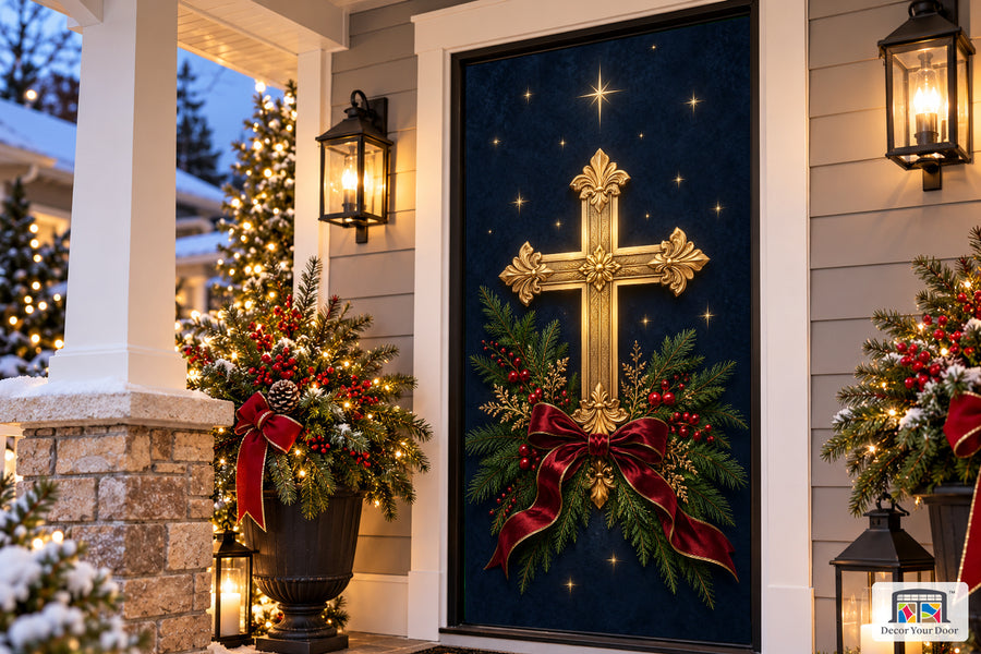 Christmas Cross of Light Front Door Cover on the approved Christmas porch, angled view.