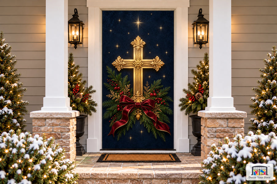 Christmas Cross of Light Front Door Cover on a snowy Christmas porch, front view.
